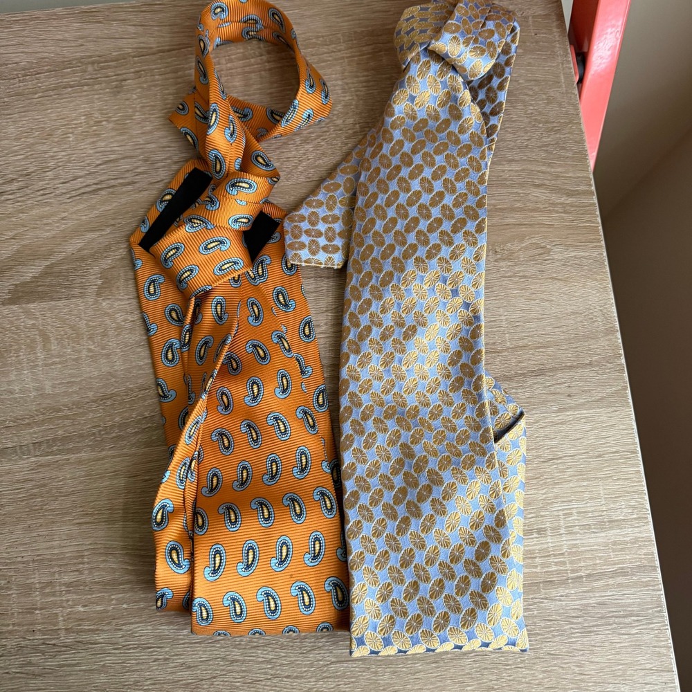 Jos A Bank Ike Behar Mens Silk Tie Bundle Orange Paisley Blue Gold 2 Piece Set